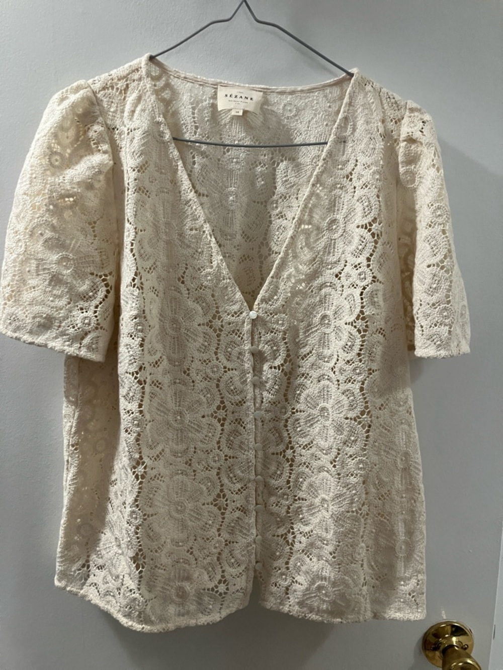 Sezane Cream Floral Crochet Lace Button-Front Blouse